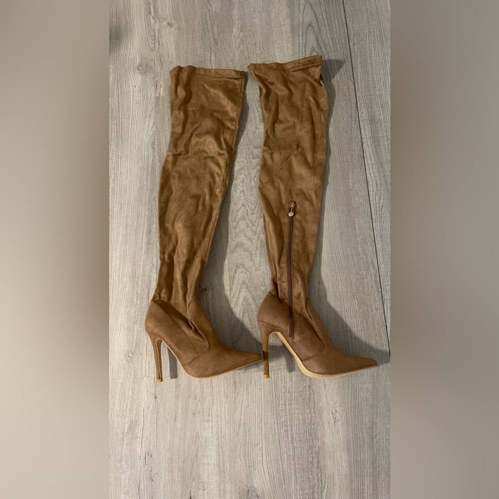 High knee tall heel boots in tan women size 6